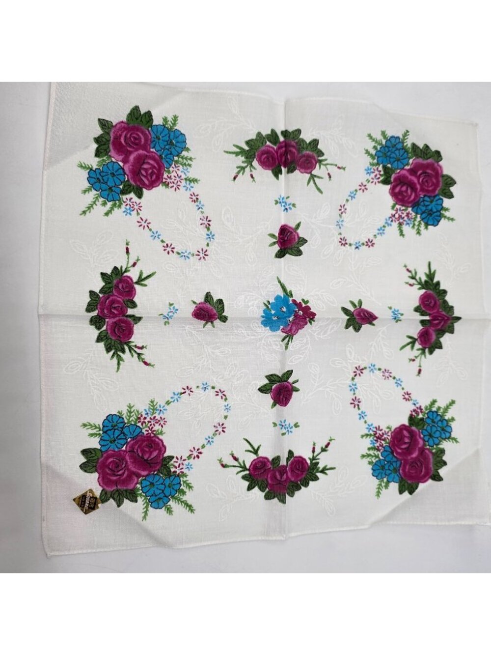 Vintage Floral Handkerchief With Pink Roses & Blue Flowers Embroidered Cotton Fa